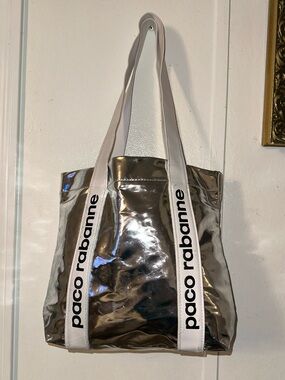 Paco Rabanne Silver Metallic Tote with White Straps and Black Logo